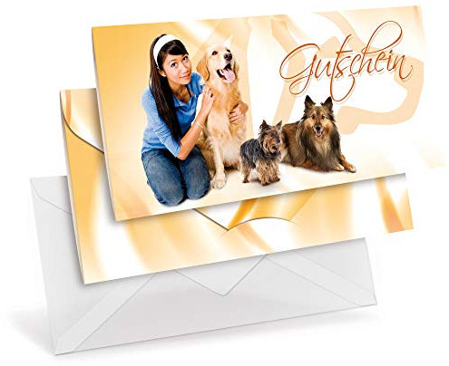 Gutscheinkarten (10 Stück) mit transparenten Briefumschlägen - Geschenkgutscheine für Tierbedarf, Tierpension, Tierärzte - DIN lang Faltkarte verschließbar