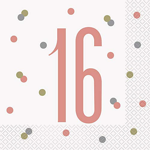 Papierservietten - Zahl 16 - 16,5 cm - Glitzer-Roségold-Geburtstag - 16er-Packung