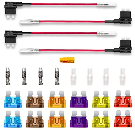BeiLan 4pcs Estándar Portafusible con Alambre, Coche Circuito Cuchilla Estilo Adaptador Cable Fusible, Add-A-Circuit Fusible Titular con 12pcs Fusibles (3A/5A/7.5A/10A/15A/20A) y 1pc Extractor