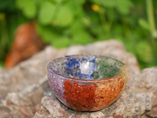 FASHIONZAADI Seven Chakra Gemstone Bowl Crystal Tray Dish Hand Carved Spiritual Chakra Balancing Aura Cleansing Handmade Gift Home Decor Energy Chakras Feng Shui Reiki Healing 3-3.5 Inch