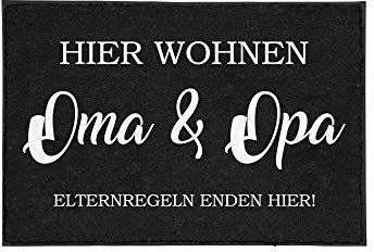 TassenTicker - Fußmatte mit Spruch - Hier wohnen Oma & Opa. Elternregeln Enden Hier! - lustig - innen & außen - waschbar - Geschenkidee - Großeltern - Großmutter - Großvater - Dekoration
