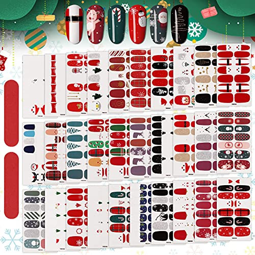 Kalolary 30 Sheets Christmas Full Wraps Self-Adhesive Stickers, Winter Snowflake Santa Snowman Designs with 2Pcs Nail Files for Party Nail Decorations