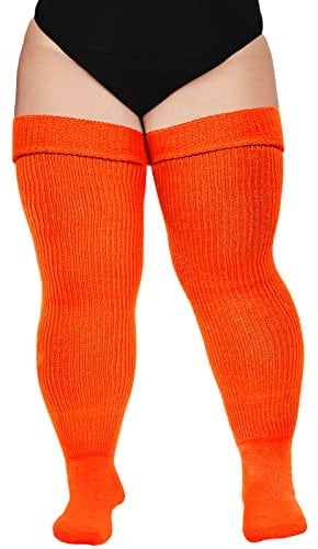 Moon Wood Women Plus Size Thigh High Socks Extra Long Striped Thick Over the Knee Socks Leg Warmer Boot Stockings Neon Orange