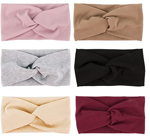 6 Stück Haarband Damen Stirnband Sommer Elastische Stirnbänder Sport Headwrap Headband mit Schleife Weich Verdreht Strinband Frauen Kinder Mädchen Schwarz/Grau/Rosa/Beige/Khaki/Weinrot (6pcs-Stil-a)