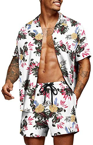 COOFANDY Herren Hemd Kurzarm Sommerhemd Floral Hawaiihemd Flamingo Party Hemden und Shorts Set Strand Outfit Urlaub XXL