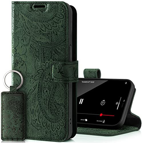 SURAZO Prestige Handyhülle für Samsung Galaxy S22 Ultra 5G – Premium Echtleder Hülle Schutzhülle mit [Standfunktion, Kartenfach, RFID Schutz, Blumenmuster] Handmade Klapphülle Wallet case (Grün)