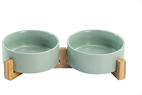 SPUNKYJUNKY Ceramic Dog and Cat Bowl with Wood Stand Non-Slip Glossy Glaze Weighted Food Water Set (400ml, light green x 2)