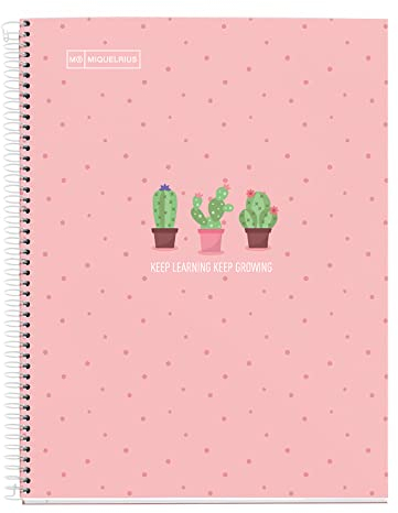 Miquelrius - Carnet A5, 1 Bande Couleur, 80 Feuilles Carrées 5 mm, Papier 90 g, 2 Trous, Couverture Pelliculée Rigide, Couleur Cactus Rose