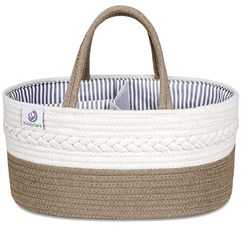 KiddyCare Baby Diaper Nappy Caddy Organizer Cart Storage for Nursery with Handle Lid | Diaper Tote Bag Holder, Baby Shower Basket Gift | Natural Large