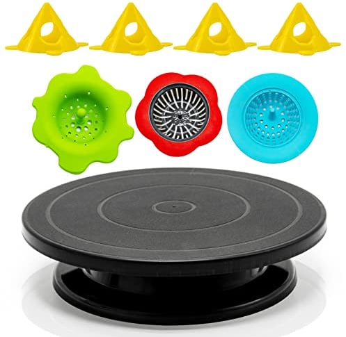 11”Rotate Turntable Sculpting Wheel Revolving Cake Turnable Black Painting Turn Table Stand for Paint Spraying Spinner,with Cone Canvas Support Stands and 3pcs Acrylic Pouring Strainers