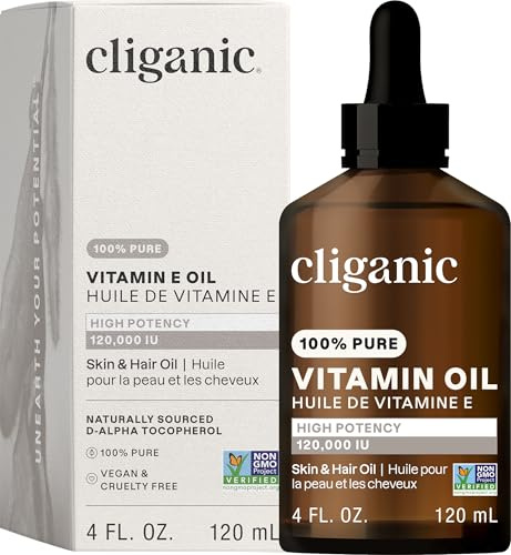 Cliganic 100% Pure Vitamin E Oil for Skin, Hair & Face - 120,000 IU, Non-GMO Verified | Natural D-Alpha Tocopherol