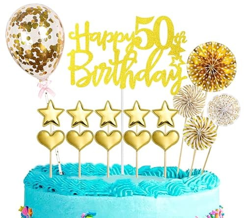 POPOYU 16-stück Gold Kuchendeko für 50. Geburtstag, Happy Birthday Topper, Luftballons, Kuchen Deko