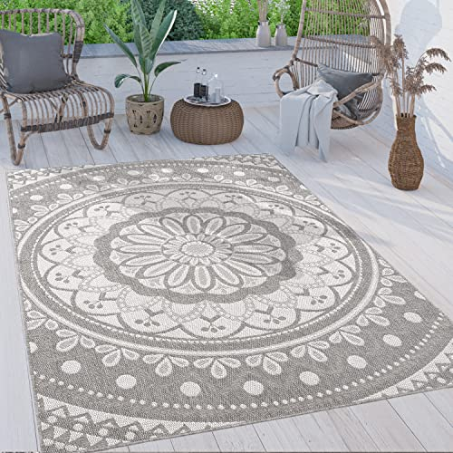 Paco Home Outdoor Teppich wetterfest & robust modernes Mandala & Boho Design pflegeleicht & flachgewebt für Balkon, Terrasse, Garten, Wohnzimmer & Küche Ethno Mandala, Grösse:80x250 cm, Farbe:Grau