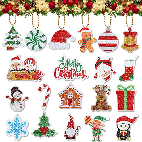 AnyDesign 20Pcs Christmas Diamond Art Keychain Assorted Xmas Pattern DIY Gem Painting Key Chain with Gold Rope Rhinestone Mosaic Making Full Drill Diamond Pendant for Art Craft Supplies
