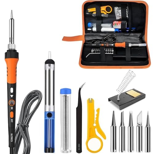 ULTRICS Soldering Iron Kit 60W Adjustable Temperature 200-450°C, 16 in 1 Electric Welding Tools, Solder Wire, 5 Soldering Tips, Desoldering Pump, Wire Stripper Cutter, Stand, Tweezers, Tool Case