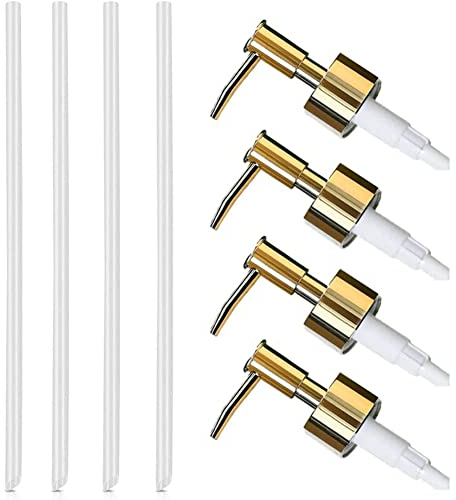 4 Stücke Gewinde Flasche Seifenspender, Pumpenkopf für Flaschen aufschrauben, Seifenspender Pumpkopf, mit 11 cm Schlauch, Einschraubpumpenkopf für Flaschen, Golden (Flaschenöffnung 2,5 cm)