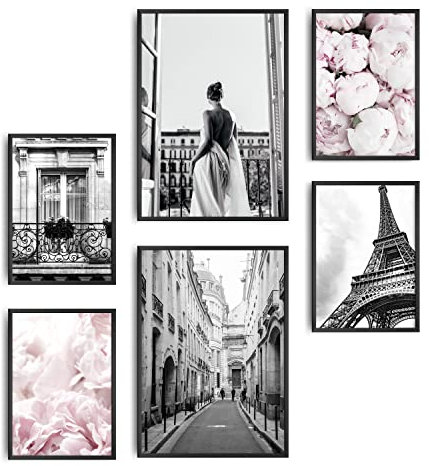 decomonkey | 6er Poster Set OHNE Bilderrahmen | Fashion Glamour Abstrakt | 4 x DIN A4 & 2 x DIN A3 | Wohnzimmer Schlafzimmer Wandposter Blider Collage Modern Wanddeko Blumen Paris Architektur