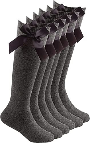 COSHAL® 3 Girls Knee High School Cotton Socks with Fluffy Ribbons Bow Back to School Sock's Uniform Party Comfort Fit Socks Stocking Girls Bow Knee High Kids School Sock Size (9-12) Grey KHB