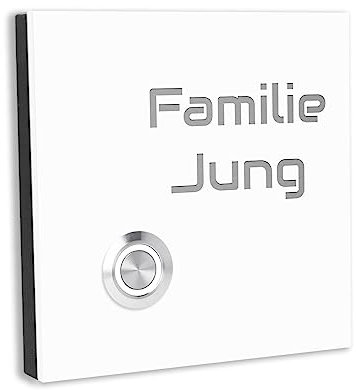 Jung Edelstahl Design Türklingel Lünen - Klingel V2A Edelstahl - incl. Gravur - LED Taster wählbar - Aufputz/Unterputztürklingel (Weiß RAL 9016, 10x10 cm)