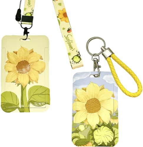 Porte Badge 2 Pièces Porte Carte Cou Amovible Tour de Cou Porte Carte Tournesol Convient pour Porte-Carte D'Identité, Carte de Bus, Carte de Crédit