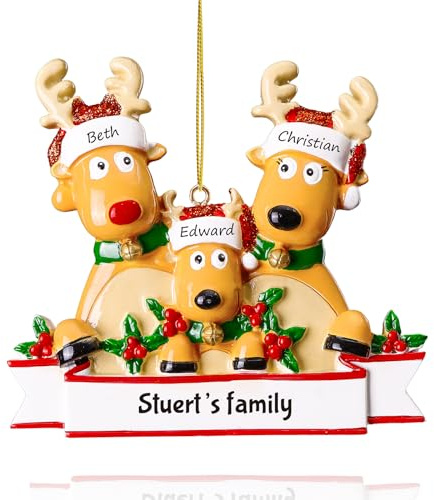 witfox Personalised Family Christmas Ornaments 2024 - Personalised Christmas Ornaments Family of 3, Custom Name Reindeer Xmas Ornaments Personalised for Family Member