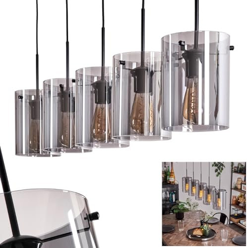 HOFSTEIN Hängeleuchte Parane, 5-flammige Hängelampe aus Metall/Glas in Schwarz/Rauch, moderne Pendelleuchte im Retro/Vintage-Design, Ø Schirme 15 cm, max. 153 cm, E27, Esszimmer, Küche, Wohnzimmer