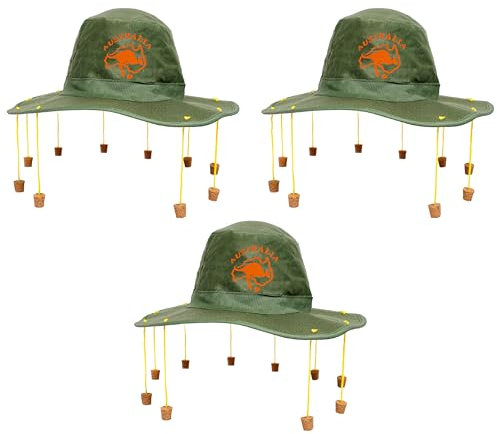 Australian Cork Hat - 3er Pack - Grüner Hut mit orangefarbenem Känguru-Print und befestigten Korken an Schnüren - Australia Day Kostüm Zubehör