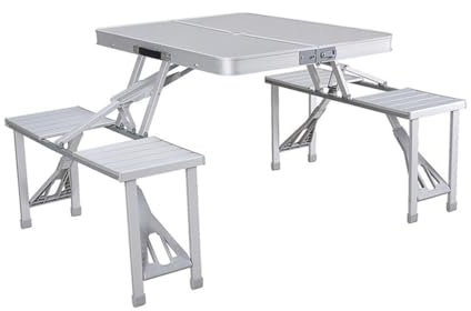 Marbueno Set Mesa y 4 Asientos con Agujero Sombrilla Plegable Aluminio Gris Camping y Playa 136X85X67 cm 10439
