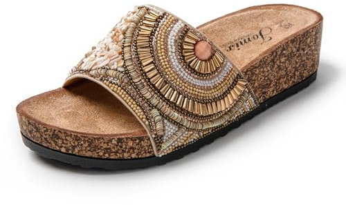 JOMIX Pantoletten Damen Sommer Sandalen mit Kork Fußbett Weiche Boho Keilabsatz Strandsandalen Elegant Perlen Wandern Meer Strand Slipper (Beige, 39 EU)