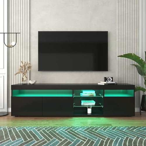 Mobile TV basso per TV da 75, con luci a LED a 16 colori e vano portaoggetti aperto, per soggiorno, camera da letto, TV con pannello luminoso, nero, 180 x 35 x 45 cm