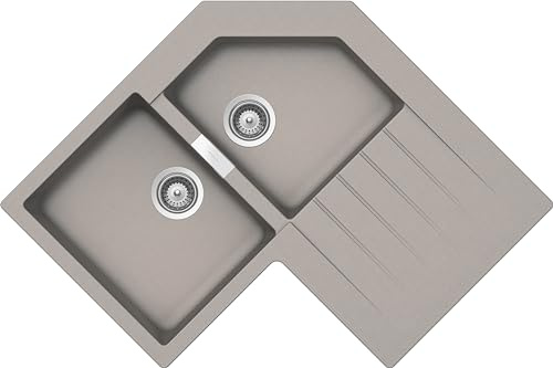 SCHOCK | Évier de cuisine Primus 2 baignoires gauche, évier d'angle avec goutteur, matériau Cristalite®, gris taupe, 840 x 840 x 500 mm