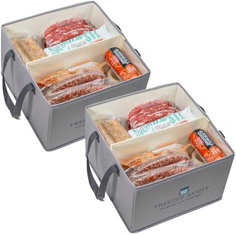 FREEZER SANITY The Original Chest Freezer Organizer Bins, Stackable Storage Organizers, Deep Freezer Dividers, Handles, Heavy-Duty, Water-Proof (2 Pack Regular 15x14x9)
