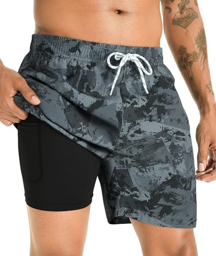 APTRO Costumi Pantaloncini da Bagno Uomo Mare Surf Piscina Stampa Hawaiana Estiva Grande Asciugatura Rapida con Fodera in Rete Grigio Mimetico MK323 XL