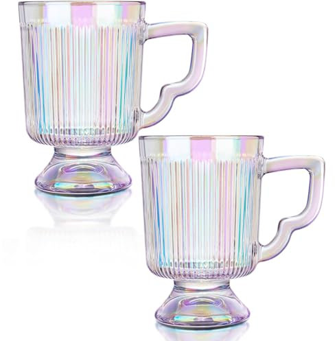 Joeyan 12 once Tazze da caffè in vetro iridescente, 350ml Set di 2 Tazze da caffè vintage a coste con manico, Tazze da tè per tè latte Cappuccino Espresso, Bicchieri arcobaleno
