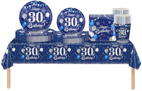 69pcs Navy Silver 30th Birthday Decorations for Men Women,30th Birthday Tableware Tablecloth Paper Plates Napkins Serviettes and Cups for 30th Birthday Table Decorations for Him,Her 30th Birthday Gift