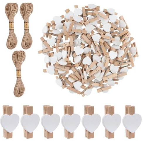 100 Pezzi Mini Mollette Legno Decorative, 5cm Legno Foto Clip di Colore, Mini a Forma di Cuore Clip, Naturali Mollettine Legno Piccole con 30M Spago di Iuta per Artigianato, Matrimoni (Bianco)