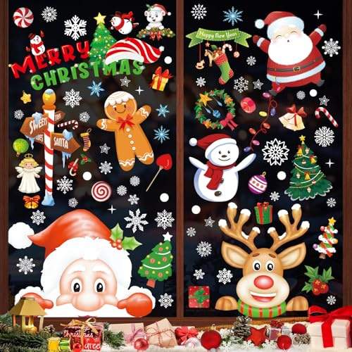 Autocollants de fenêtre de Noël - 198 - Autocollants réutilisables - Décoration de fenêtre - Pour l'hiver - Père Noël, élan et flocons de neige