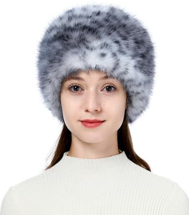 sy soul young Damen Fellmütze Pelzmütze Wintermütze Faux Fuchs Warm Weich Pelz mütze EINWEG Verpackung(Grau Leopard)