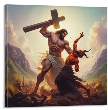 Christliches Vintage-Poster, Jesus tötet den Teufel, dekoratives Gemälde, Leinwand-Kunstbild, 30 x 30 cm
