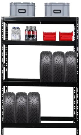 PROREGAL Reifenregal Tiger | HxBxT 180x120x40 cm | bis zu 12 Reifen auf 2 Ebene + 2 Ablagen | Schwarz | Werkstattregal, Lagerregal, Kellerregal