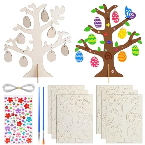 Auirshiky 6 Stück Ostern Baum Bastelset,Holz Ostereier zum Bemalen Set,Osterdeko Basteln Kinder,Holzanhänger Ostern Zum Bemalen,48 Ostereier,2 Arten Von Ölbürsten, 1 Diamant-Aufkleber,Ein Seil,DIY