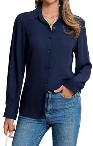 Stamain Blouses for Women V-Neck Chiffon Navy Blue Shirt Long Sleeve Ladies Casual Button Down Office Work Blouse Tops L