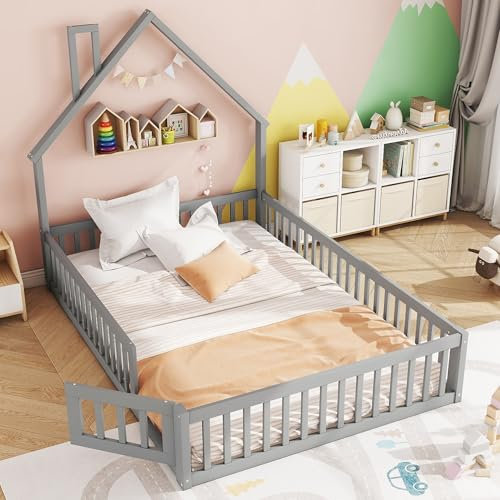 Kinderbett Bodenbett 140x200 mit Rausfallschutz&Lattenrost, Montessori Bett Hausbett mit Schornsteinform&Dach&Tür, Doppelbett Gitterbett Holzbett Bettgestell Spielbett, Kiefernholz, Ohne Matratze,Grau