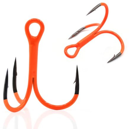 9KM DWLIFE Treble Fishing Hooks 10pcs High Carbon Steel Triple Hooks with Orange Ultraviolet Coating Sharp Barbs Hard Lures Freshwater Size4#
