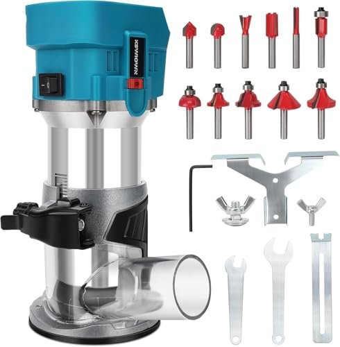 Akku Oberfräse Für Makita 18V, Akku kantenfräse Mit Bürstenloser Motor, Einhandfräse Mit 6 Variable Geschwindigkeite, 18V oberfräsen Akku mit 15 Stück 1/4 Fräser (ohne Akku)