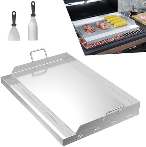 UISEBRT Edelstahl Grillplatte 58 x 40 x 7 cm BBQ Plancha Grillplatte inkl. 2 Grillspachtel & Griffen | Grillblech mit Ölrinne | Feuerplatte Grillzubehör für Holzkohle- & Gasgrill