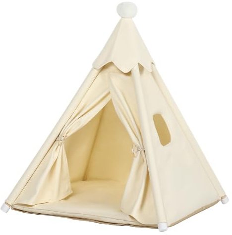 Tipi-Zelt für große Katzen und kleine Hunde, 66 x 66 x 66 cm / Verlängerung | Pet Tipi Haus Indoor für Hunde & Katzen bis 10 kg, mit weichem Kissen, kleinem Fenster, Baumwollsegeltuch & stabilem Gestell