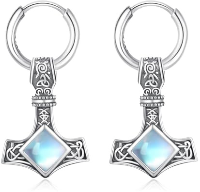 ZIPPICE Thors Hammer Creolen 925 Sterling Silber Wikinger Ohrringe Mjölnir Herren Keltisches Hängend Mondstein Ohrringe Schmuck Geschenk für Sohn Damen Männer Teenager