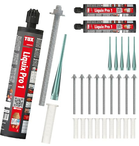 TOX Set für Chemie-Schwerlast-Befestigungen mit 3x Verbundmörtel Liquix Pro 1 styrolfrei 280 ml, 10x Gewindestange Stix-VZ M12x250, 10x Siebhülse Liquix Sleeve 20x130 mm, 23-tlg., 084909264