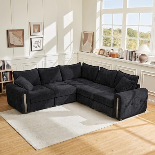 Vesgantti 5 Seater L Shape Modular Corner Sofa with Storage, Black Chenille | Cloud Comfort, Deep Seat, Convertible 2C2 Corner Sofas, Easy Assembly, Sectional Couch for Family Living Room, Apartment